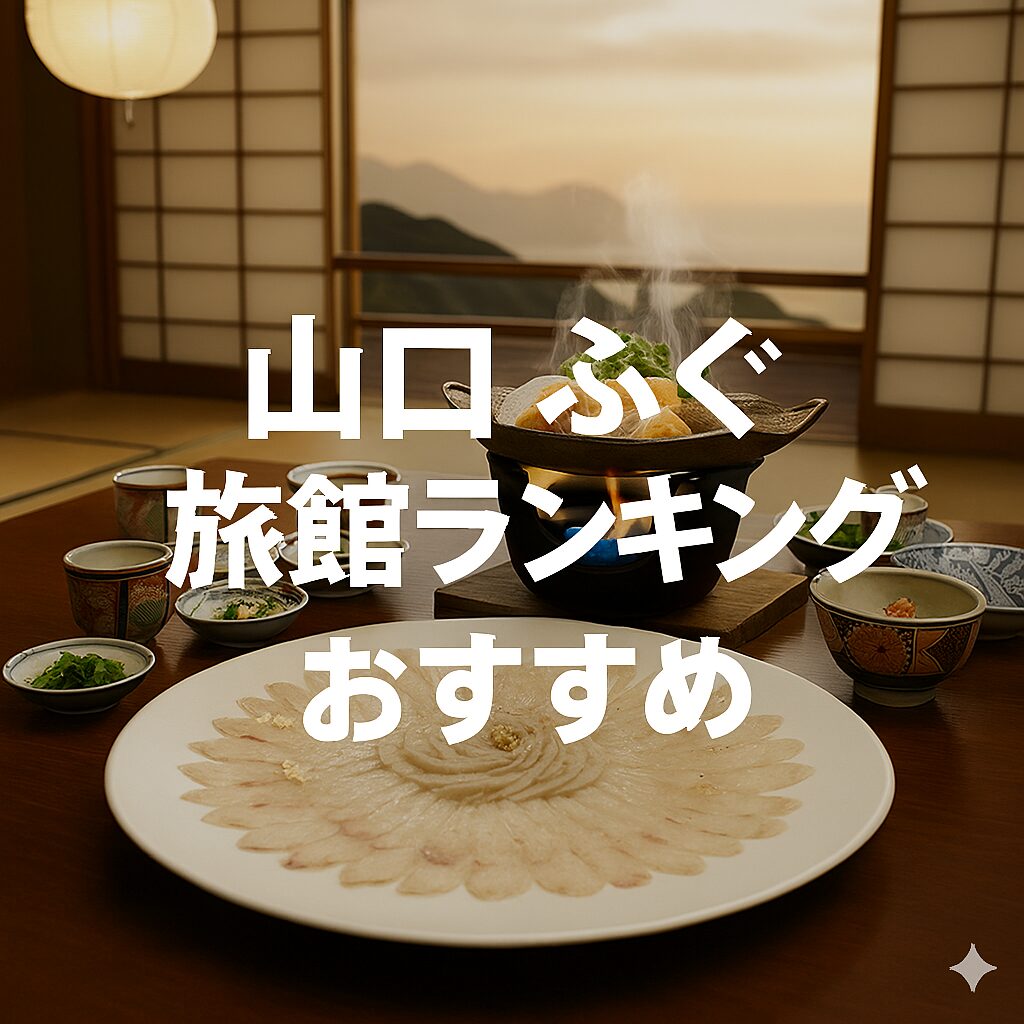 山口県の旅館で提供されるふぐ料理のアイキャッチ画像。「山口 ふぐ 旅館ランキング」という文字が中央に配置されている