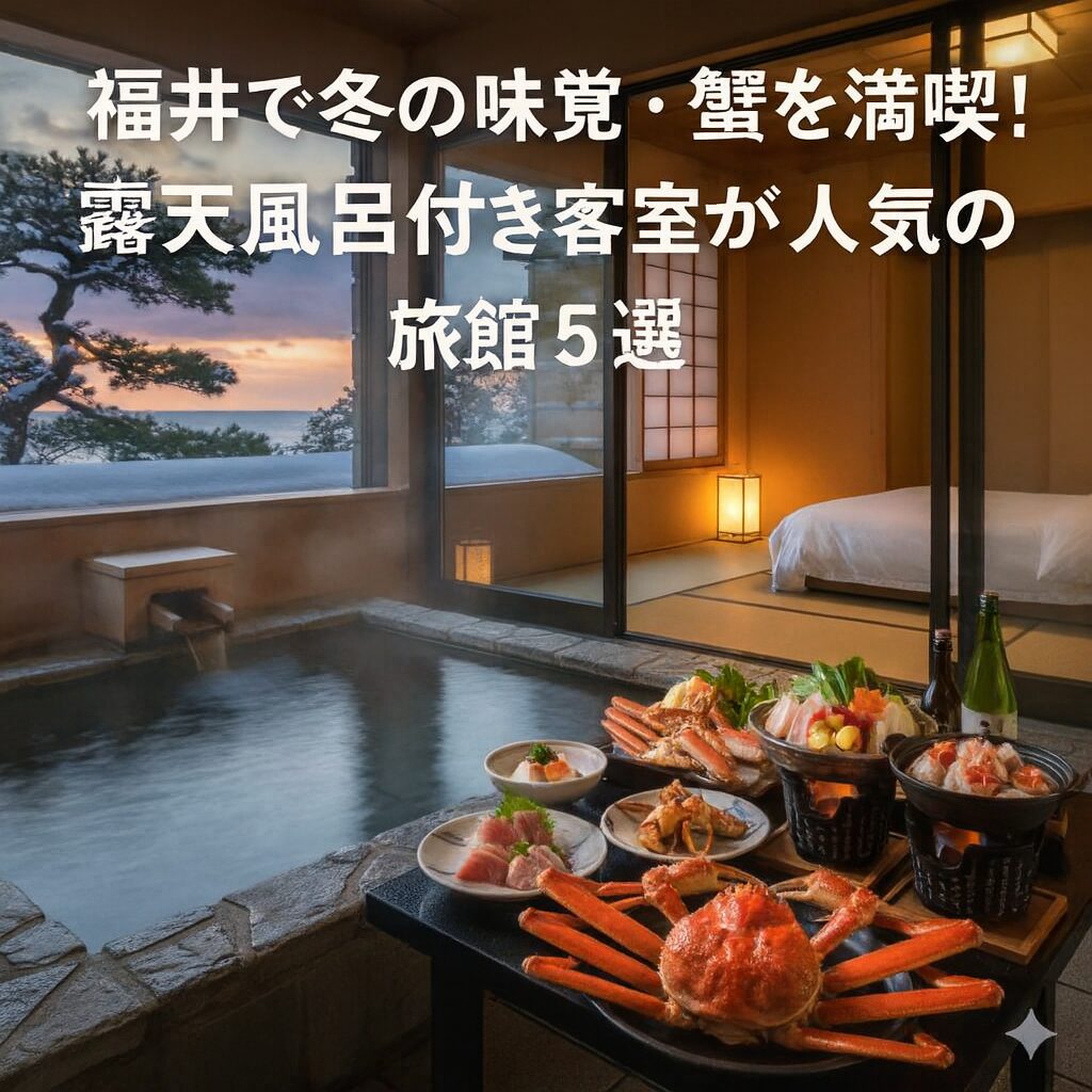 福井の旅館で越前蟹の会席料理と露天風呂付き客室を楽しむ冬の宿泊風景。