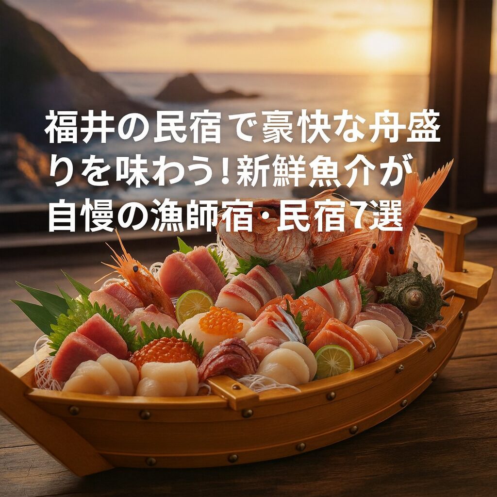 福井の民宿で提供される豪快な舟盛り料理。夕景の海を背景に、刺身や魚介が美しく盛られた木製の船皿が並ぶ。